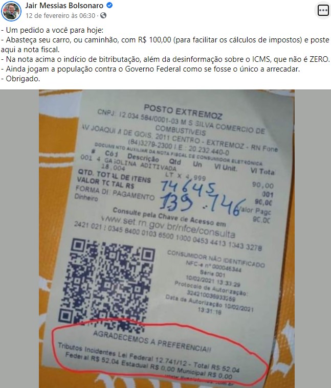 Bolsonaro publicou pedido no Facebook