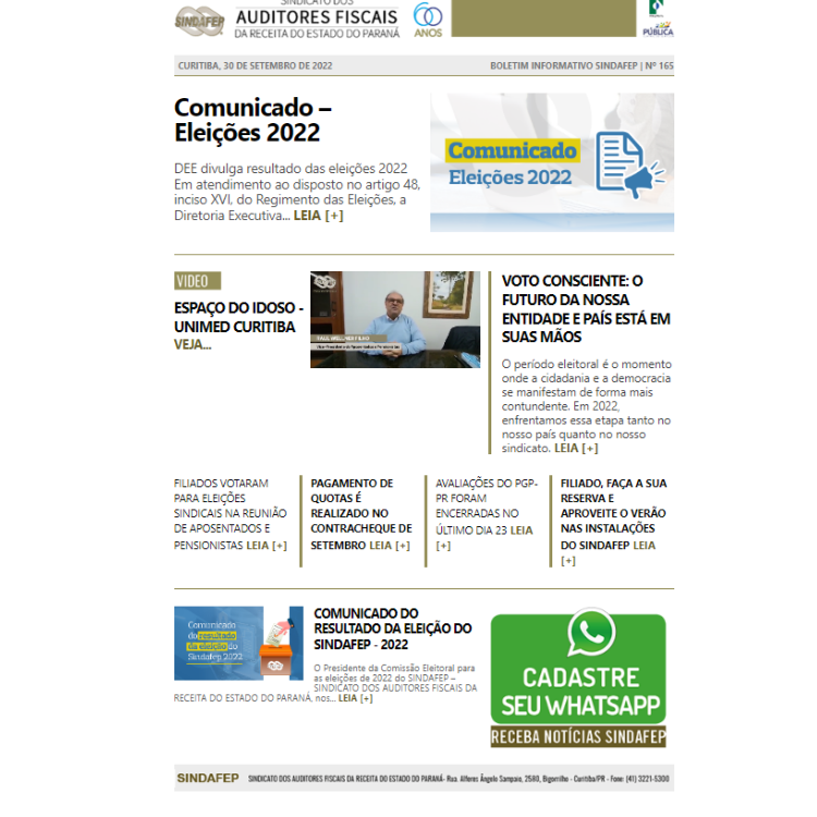 Boletim Informativo - Edição n°165 - 30/09/2022